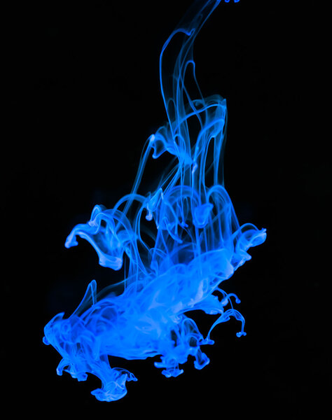 Macro of blue and white ink in water on black background