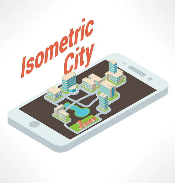 Edificios isométricos. Ciudad en smartphone. Vector . — Archivo Imágenes Vectoriales
