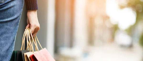 Close Consumerism Young Woman Holding Hand Many Shopping Bag Fashion — Stock Photo, Image