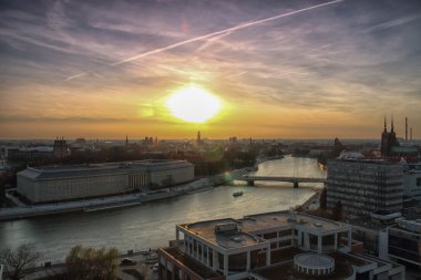 WROCLAW, POLAND - APRIL 02, 2016: Aerial view of Wroclaw. City skyline, Churches on Ostrow Tumski island over Odra river during a beautiful sunset, April 02, 2016 in Wroclaw, Poland.