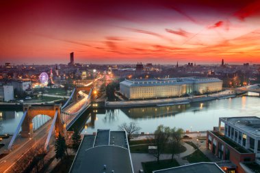WROCLAW, POLAND - APRIL 01, 2016: Aerial view of Wroclaw. Illuminated city skyline during a beautiful sunset, April 01, 2016 in Wroclaw, Poland.