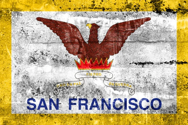 Vlajka San Francisco, Kalifornie, namalované na špinavé zdi. — Stock fotografie