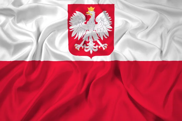 Acenando Bandeira da Polônia com Brasão de Armas — Fotografia de Stock