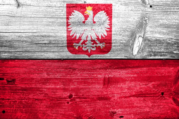 Flag of Poland with Coat of Arms, painted on old wood plank background — Stock Photo, Image