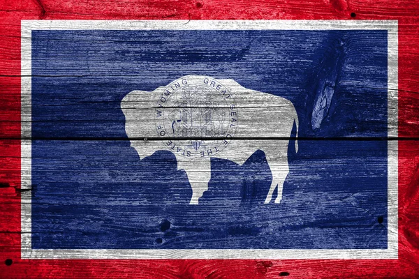 Flag of Wyoming State, painted on old wood plank background — Stock Photo, Image