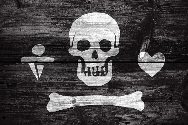 STEDE Bonnet pirat flagga, målade på gammal trä planka bakgrund — Stockfoto