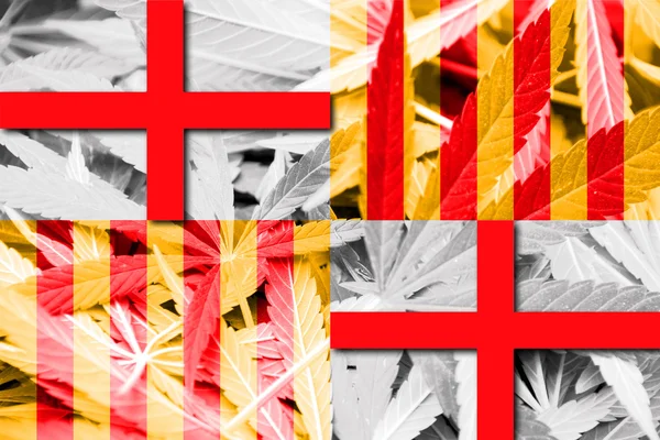 Barcelona-flagget, med cannabisbakgrunn – stockfoto