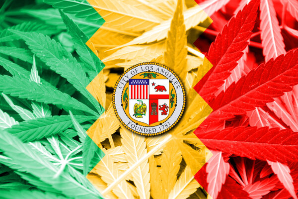 Flag of Los Angeles, California, on cannabis background