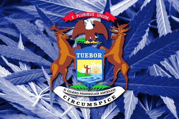 Flagge des Bundesstaates Michigan, auf Cannabis-Hintergrund — Stockfoto