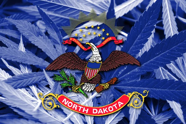 Flagge des Bundesstaates North Dakota, auf Cannabis-Hintergrund — Stockfoto