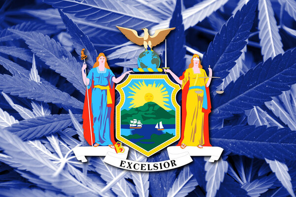 Flag of New York State, on cannabis background
