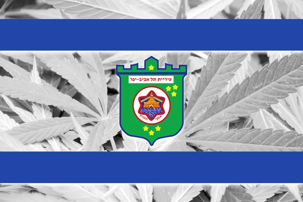 Flag of Tel Aviv, on cannabis background — Stock Photo, Image