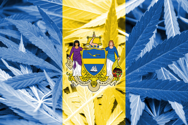 Flag of Philadelphia, Pennsylvania, on cannabis background