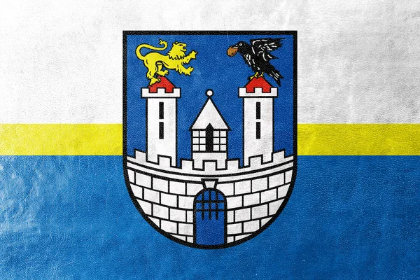 Vlajka Czestochowa, s erbem, Polsko — Stock fotografie