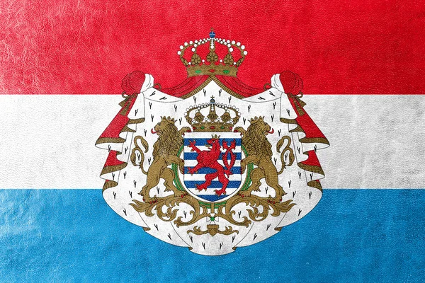 Lucemburská vlajka s erbem, namalované na kůže textury — Stock fotografie