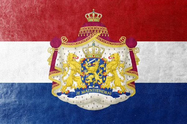 Flag of Netherlands with Coat of Arms, painted on leather texture — Stock Photo, Image