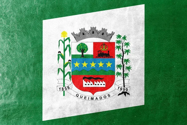Bandera de Queimados, Brasil, pintada sobre textura de cuero — Foto de Stock