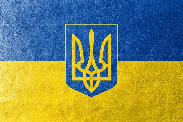 Vlajka Ukrajiny s erbem, namalované na kůže textury — Stock fotografie