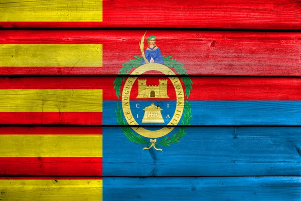 古い木の板の背景に、エルチェ、スペインの国旗が描かれました。 — ストック写真