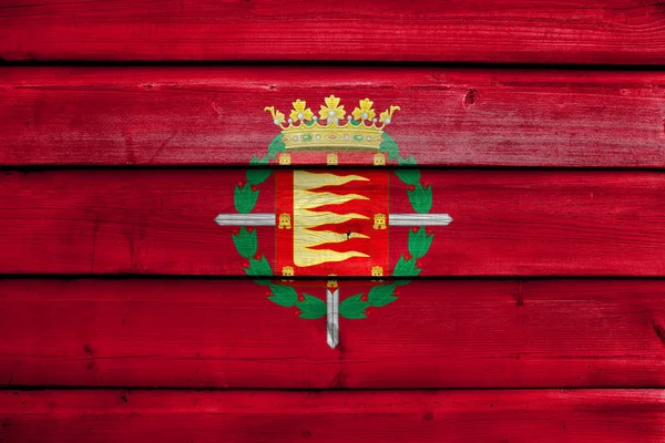 Vlajka Valladolid, Španělsko, namalované na starých dřevěných planěk pozadí — Stock fotografie