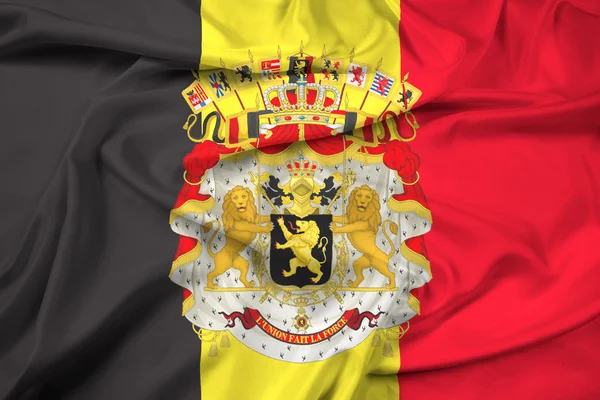 Waving Flag of Belgium with Coat of Arms — Stock Photo, Image