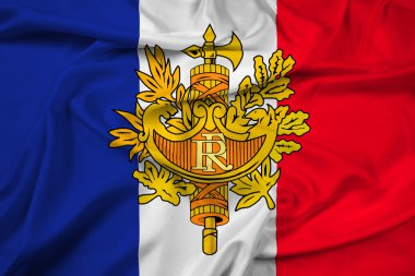 Fransa ulusal amblemi ile bayrağı sallayarak