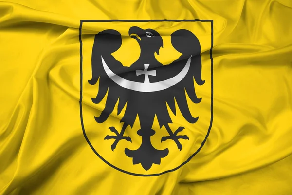 Drapeau ondulé de la Voïvodie de Basse-Silésie avec armoiries — Photo