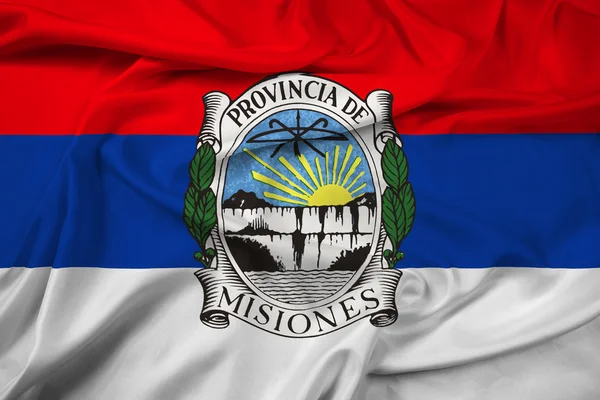 Macha flagą w prowincji Misiones z herbem, Argentyna — Zdjęcie stockowe