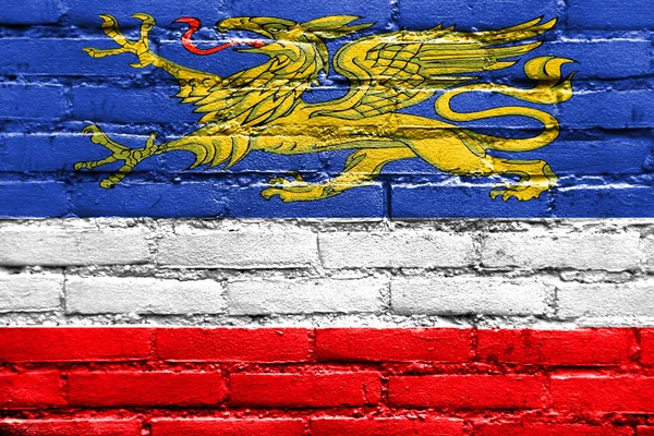 Flaga Rostock, Niemcy, malowane na ceglany mur — Zdjęcie stockowe