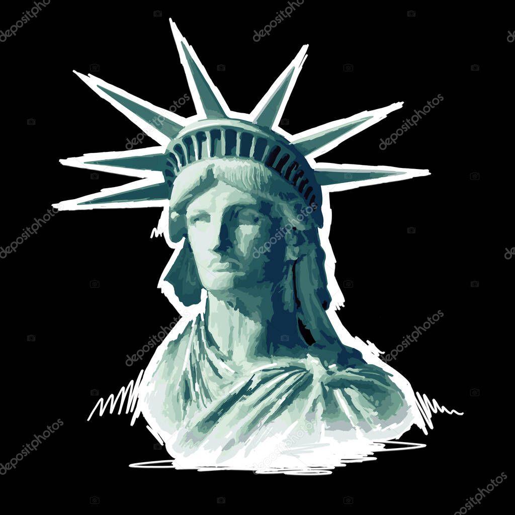 Hand-painted Statue of Liberty from New York. National Symbol of America. High resolution artistic painting on black background.