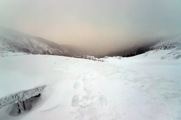 Tourist trail to Sniezka (mountain on the border between the Czech Republic and Poland). Winter landscape. Giant Mountains, Poland, Europe.