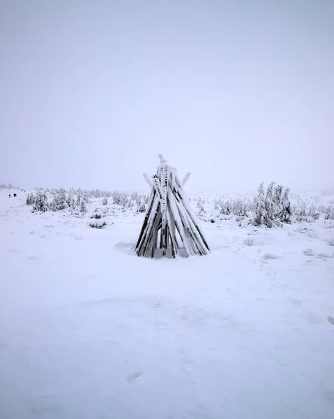 Tourist trail to Sniezka (mountain on the border between the Czech Republic and Poland). Winter landscape. Giant Mountains, Poland, Europe.