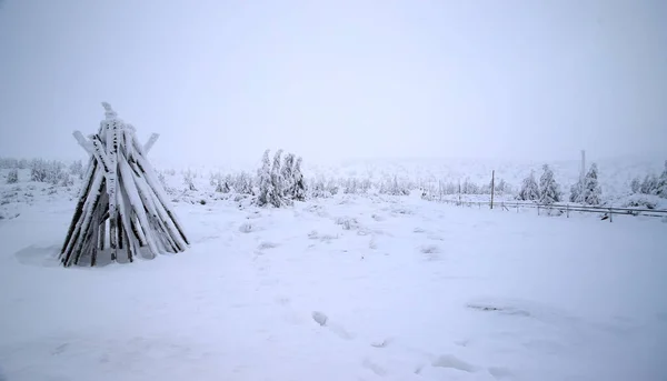 Tourist trail to Sniezka (mountain on the border between the Czech Republic and Poland). Winter landscape. Giant Mountains, Poland, Europe.