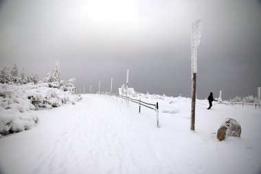 KARPACZ, POLAND - HAZİRAN 06, 2021: Sniezka 'ya giden turist yolu (Çek Cumhuriyeti ile Polonya arasındaki sınırdaki dağ). Kış manzarası. Dev Dağlar, Polonya, Avrupa.