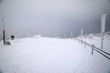 KARPACZ, POLAND - HAZİRAN 06, 2021: Sniezka 'ya giden turist yolu (Çek Cumhuriyeti ile Polonya arasındaki sınırdaki dağ). Kış manzarası. Dev Dağlar, Polonya, Avrupa.
