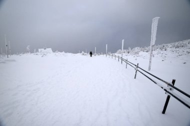 KARPACZ, POLAND - HAZİRAN 06, 2021: Sniezka 'ya giden turist yolu (Çek Cumhuriyeti ile Polonya arasındaki sınırdaki dağ). Kış manzarası. Dev Dağlar, Polonya, Avrupa.