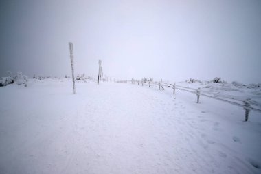 KARPACZ, POLAND - HAZİRAN 06, 2021: Sniezka 'ya giden turist yolu (Çek Cumhuriyeti ile Polonya arasındaki sınırdaki dağ). Kış manzarası. Dev Dağlar, Polonya, Avrupa.