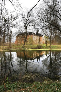 Wroclaw, POLAND - 11 Nisan 2021: Wroclaw, Polonya yakınlarındaki Komorowice Sarayı. Baharın başında güzel bir saray parkı.