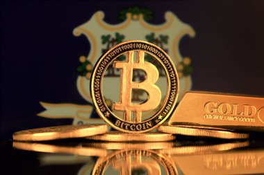Bitcoin, Gold Bar ve Connecticut State Flag 'in fiziksel versiyonu..
