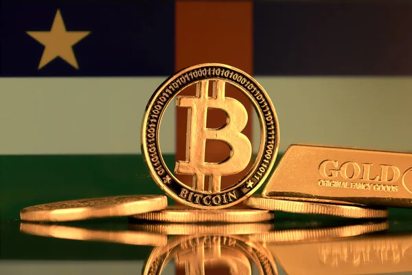 Physical Version Bitcoin Gold Bar Central African Republic Flag — Stock Photo, Image