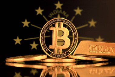 Bitcoin, Gold Bar ve Indiana State Flag 'in fiziksel versiyonu.