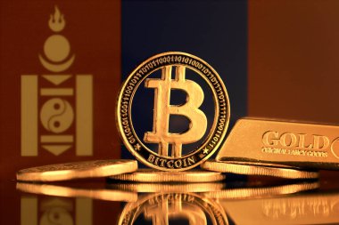 Bitcoin 'in fiziksel versiyonu, altın külçesi ve Moğolistan Bayrağı.