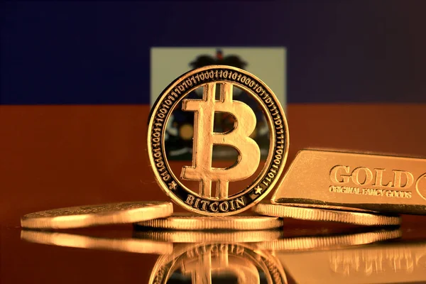 Physische Version Von Bitcoin Goldbarren Und Haiti Flagge — Stockfoto