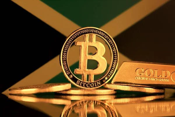 Bitcoin 金のバー ジャマイカの旗の物理的なバージョン — ストック写真
