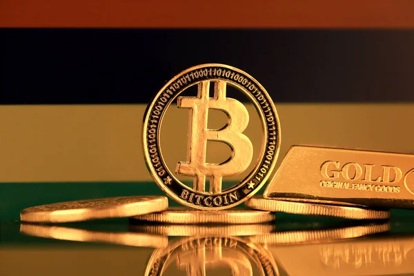 Physische Version Von Bitcoin Goldbarren Und Mauritius Flagge — Stockfoto