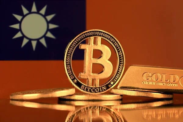 Physische Version Von Bitcoin Goldbarren Und Taiwan Flagge — Stockfoto