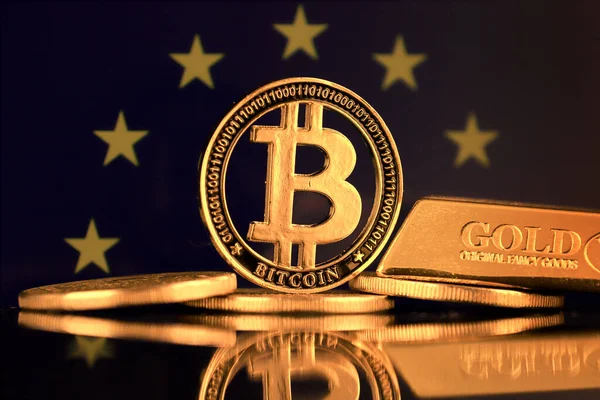 Physical Version Bitcoin Gold Bar European Union Flag — Stock Photo, Image