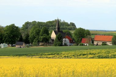 WROCLAW, POLAND - 24 Mayıs 2021: Gogolow 'daki St. Martin Kilisesi Sleza Dağı eteklerinde, çiçek açan tecavüz tarlalarıyla çevrili.