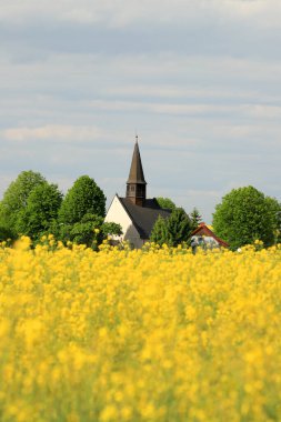 WROCLAW, POLAND - 24 Mayıs 2021: Gogolow 'daki St. Martin Kilisesi Sleza Dağı eteklerinde, çiçek açan tecavüz tarlalarıyla çevrili.