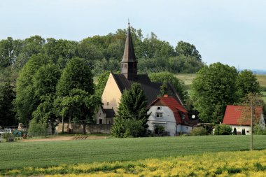 WROCLAW, POLAND - 24 Mayıs 2021: Gogolow 'daki St. Martin Kilisesi Sleza Dağı eteklerinde, çiçek açan tecavüz tarlalarıyla çevrili.
